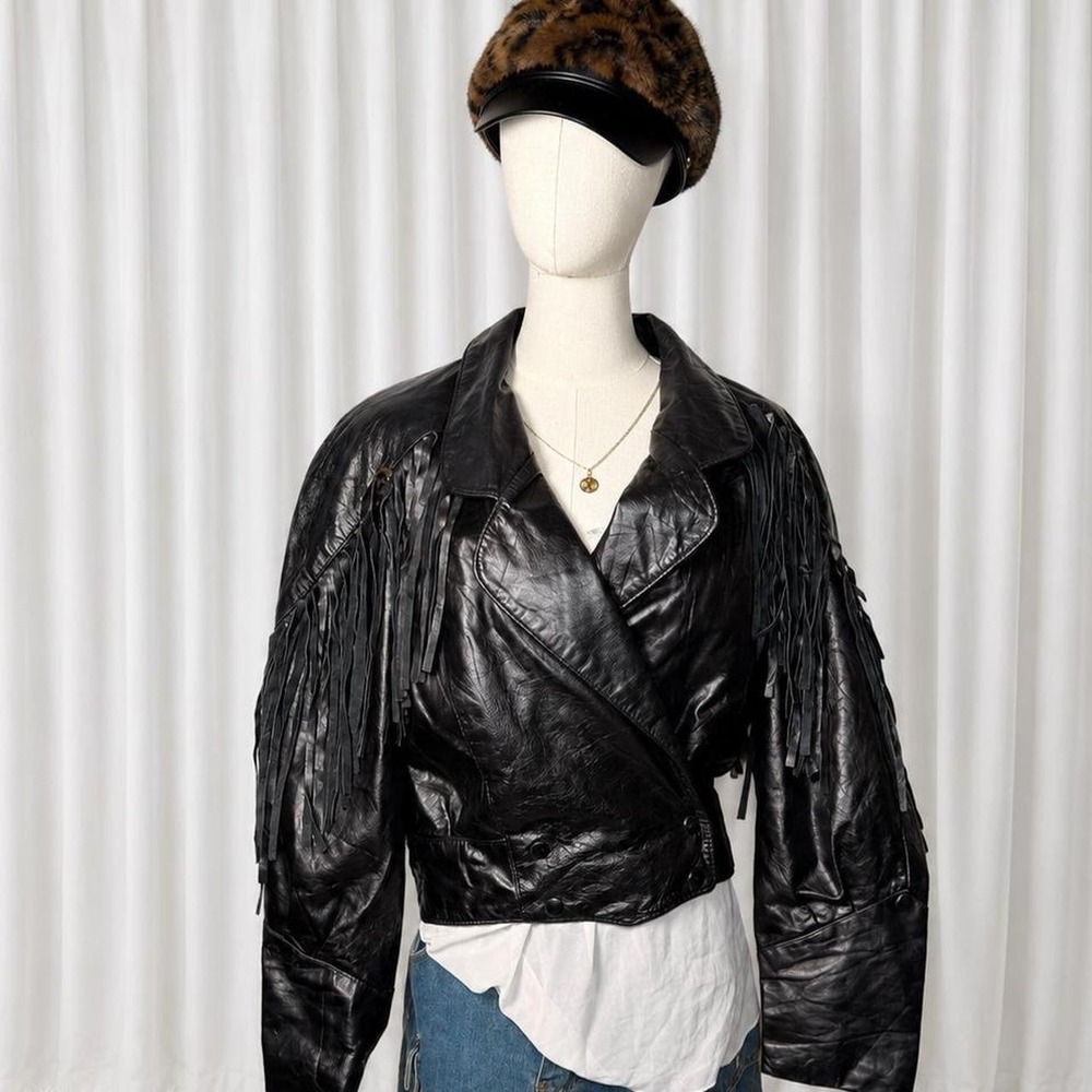 Vintage Black Genuine Leather Fringe Moto Jacket
